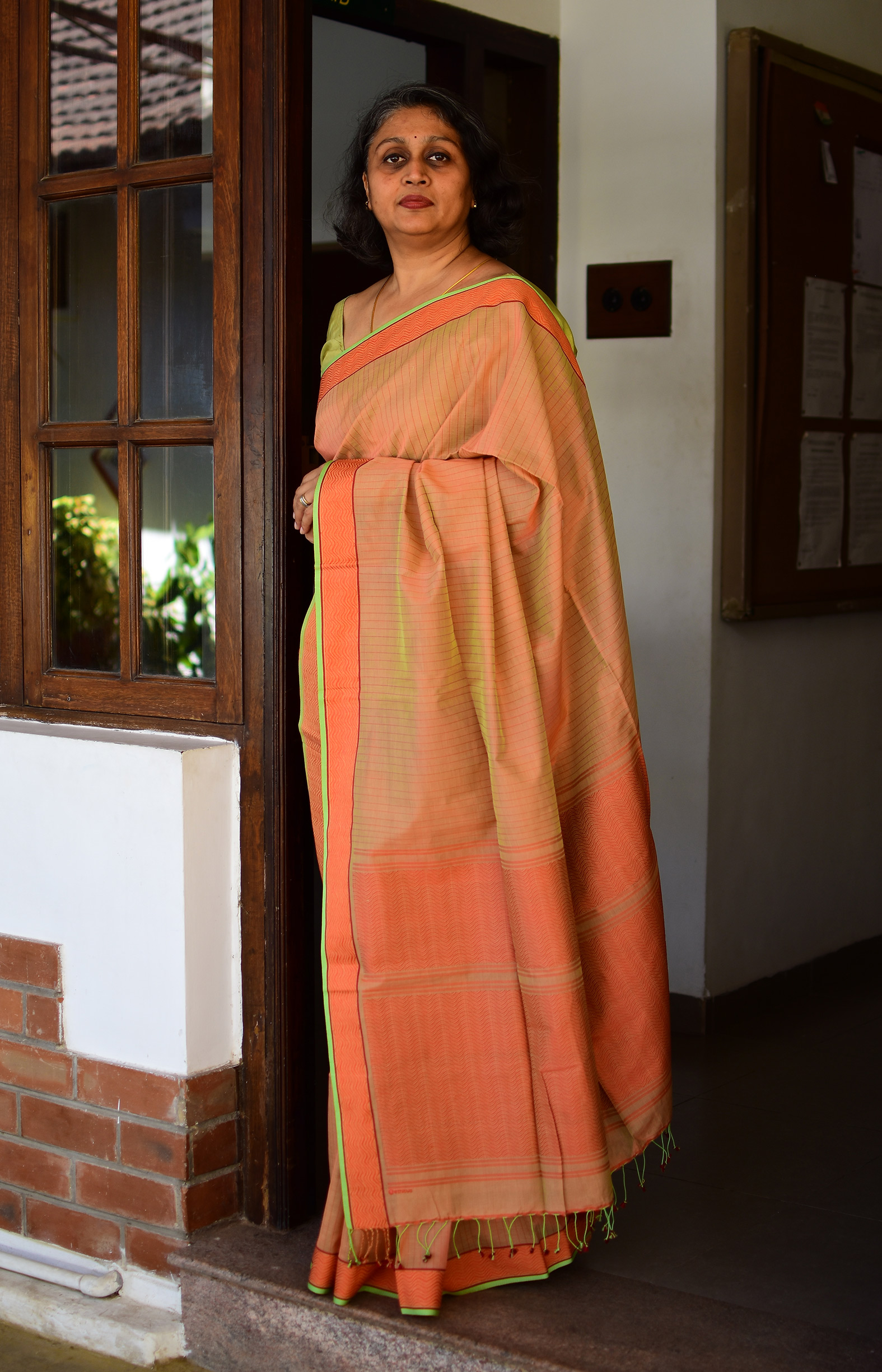 Greenish Orange, Handwoven Organic Cotton, Plain Weave , Jacquard, Work Wear, Striped Saree